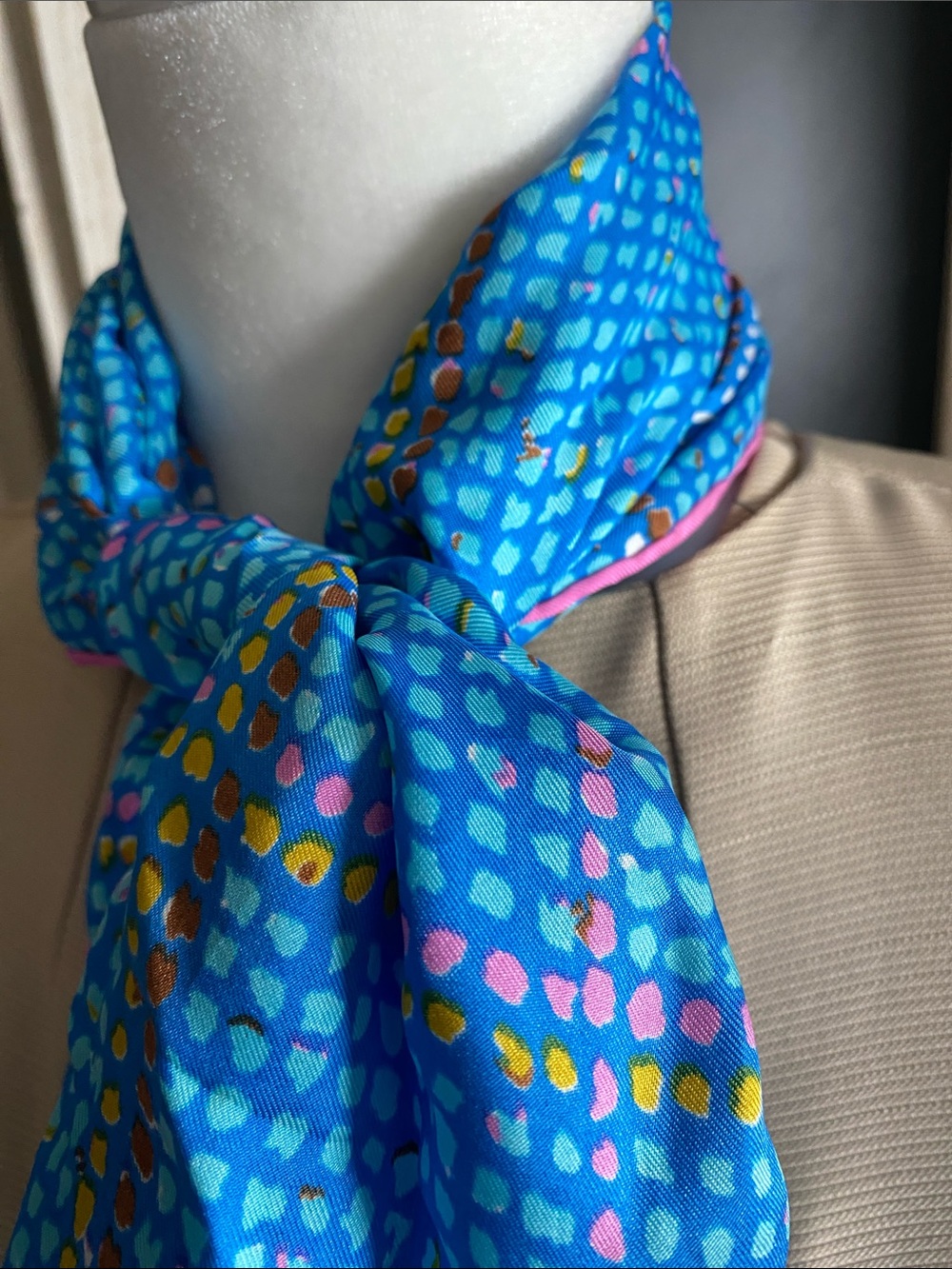 Burmel Vintage Blues, Pinks and Aqua Patterned Silk Scarf with Pink Trim